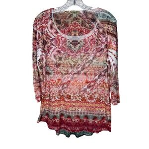One World Women Size L Multicolor Paisley Print‎ 3/4 Sleeve Scoop Neck Top